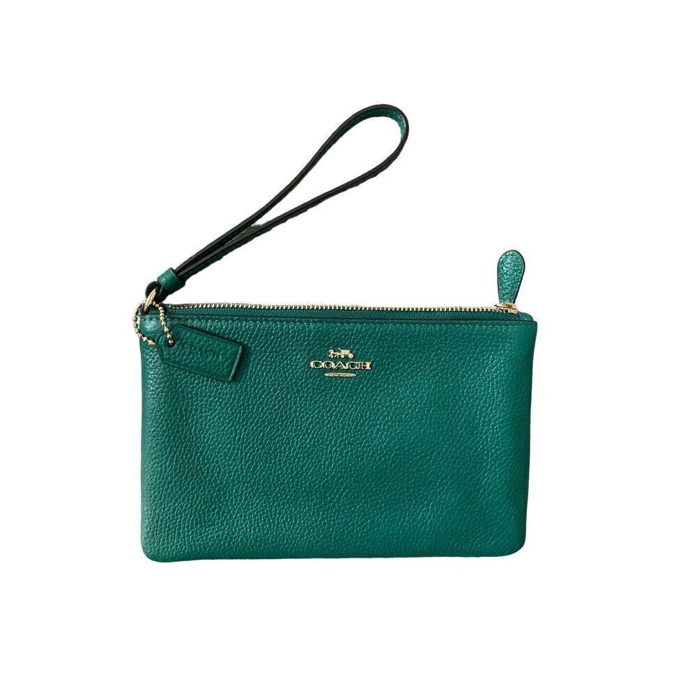 Coach Women's Green Solid Pebbled Leather Wrist Strap Zip Top Closure Wrislet